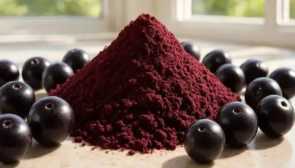 This is a picture of Acai berry powder surrounded by fresh acai berries on a kitchen counter near a window