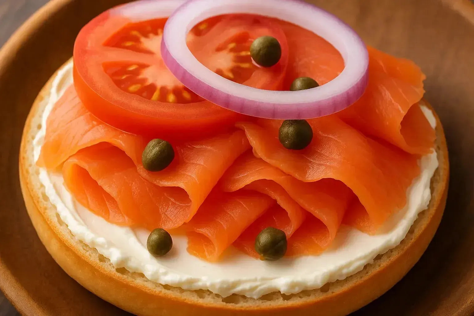 This is a picture of a bagel with cream cheese, topped with salmon, capers, onion and tomato, on a wooden plate.
