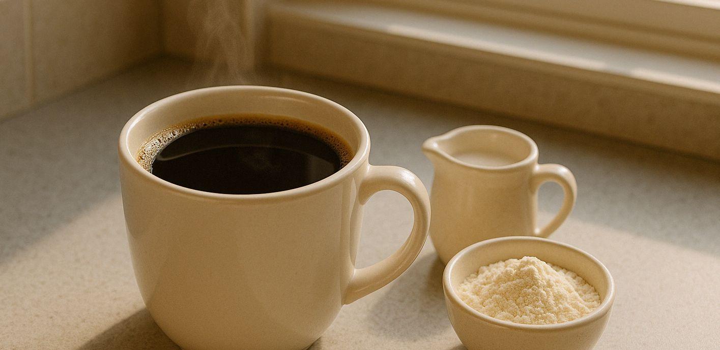 This is a picture of a hot coffee in a white mug with heavy cream powder and heavy cream on a countertop next to a window
