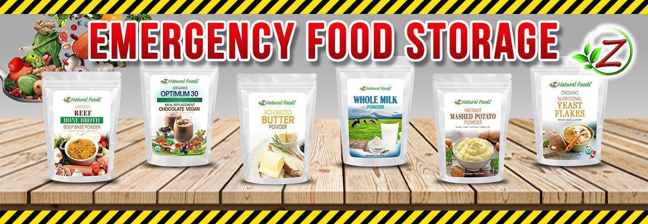 This is a picture of 6 of our emergency foods on a wooden table with the words