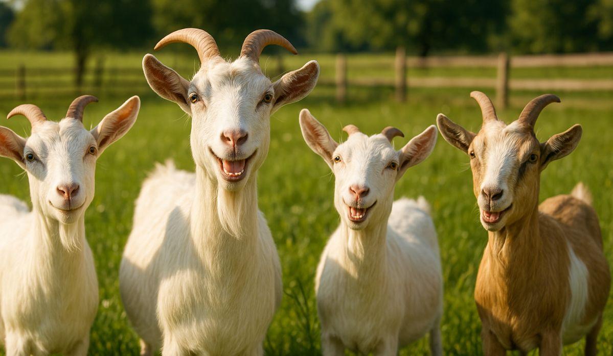This is a picture of four happy goats on a grassy farm, with a wooden fence in the background and trees behind the fence