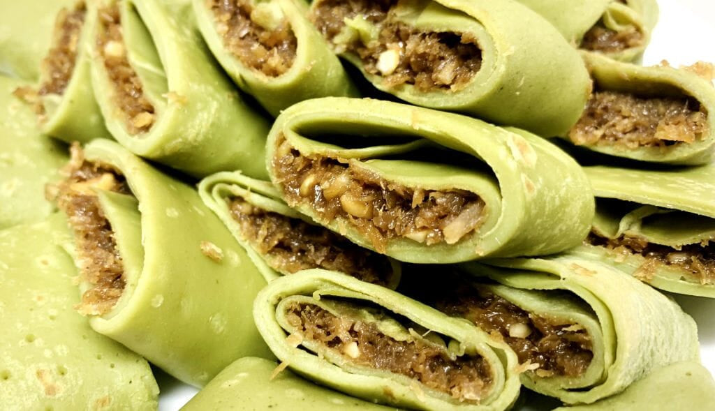 Matcha Green Tea Crepes with Sweet Coconut and Cashew Filling