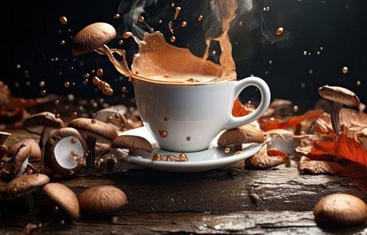This is an image of a cup of coffee with a splash from a mushroom, with mushrooms sitting around the cup, sitting on a wood table.