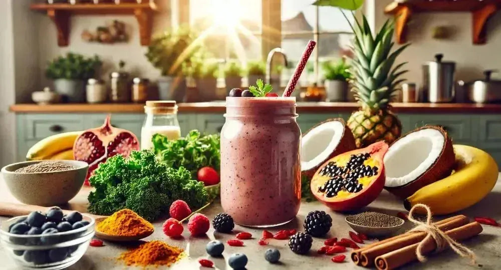 This is a picture of a smoothie in a glass jar with many superfoods surrounding it on a kitchen counter