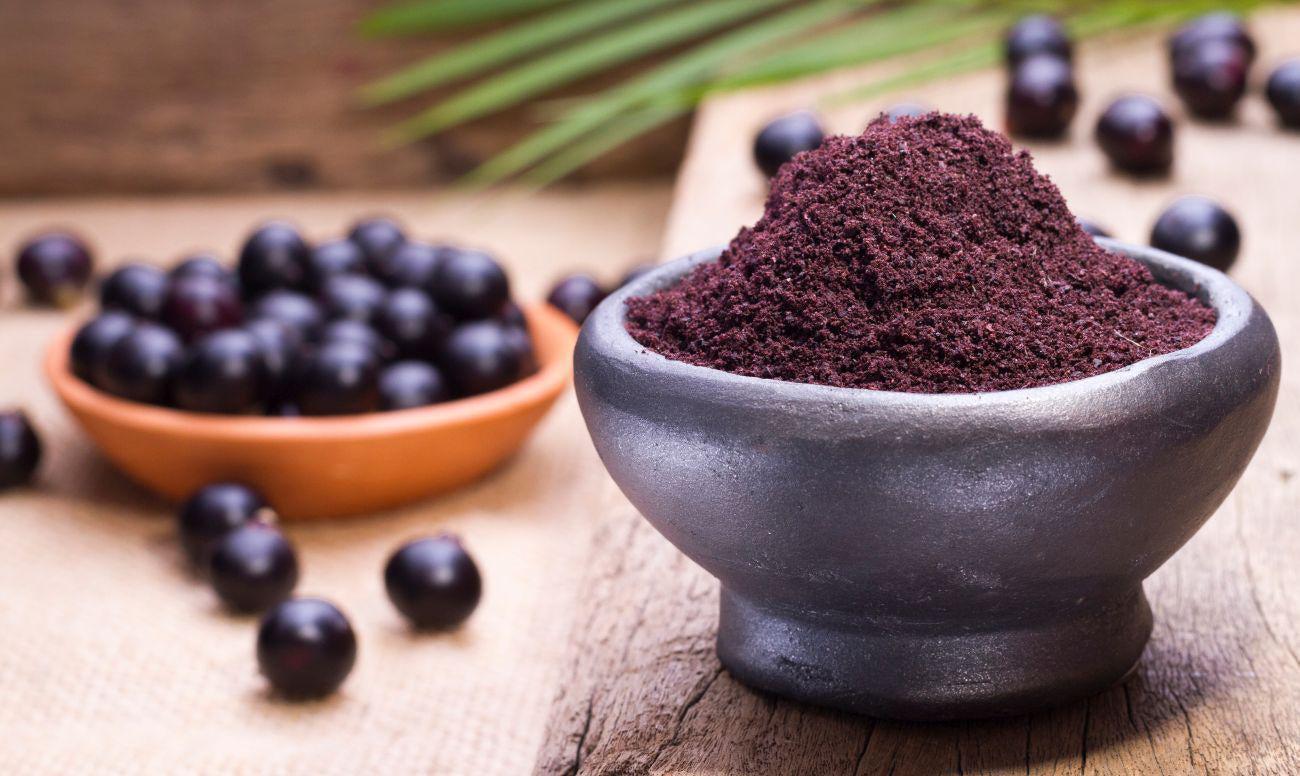 This is a picture of blueberry powder in a bowl next to a smaller bowl of whole blueberries on a wooden table