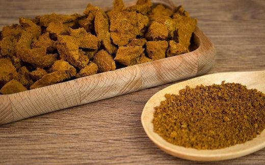 This is a picture of dried chaga mushroom on a wood plate and powdered chaga on a wooden spoon, both on a wood table.