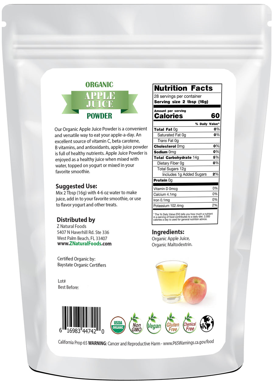 Photo of back of 1 lb bag of Apple Juice Powder - Organic