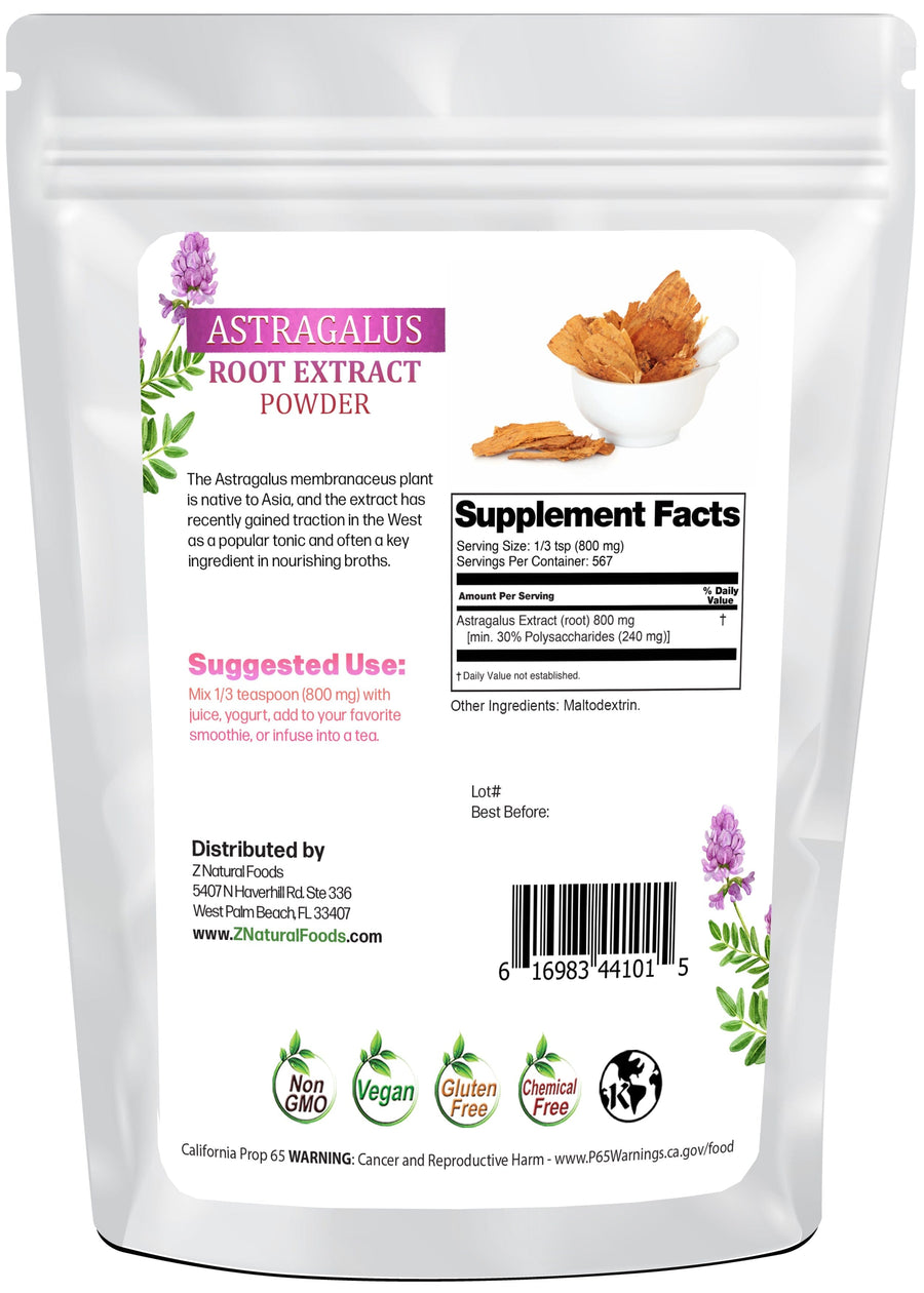 Image of the back of the 1 lb bag of Astragalus Root Extract Powder Z Natural Foods