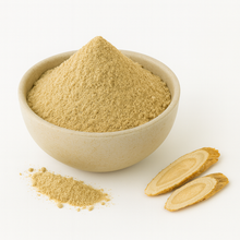 astragalus root powder mounded in beige bowl on white background