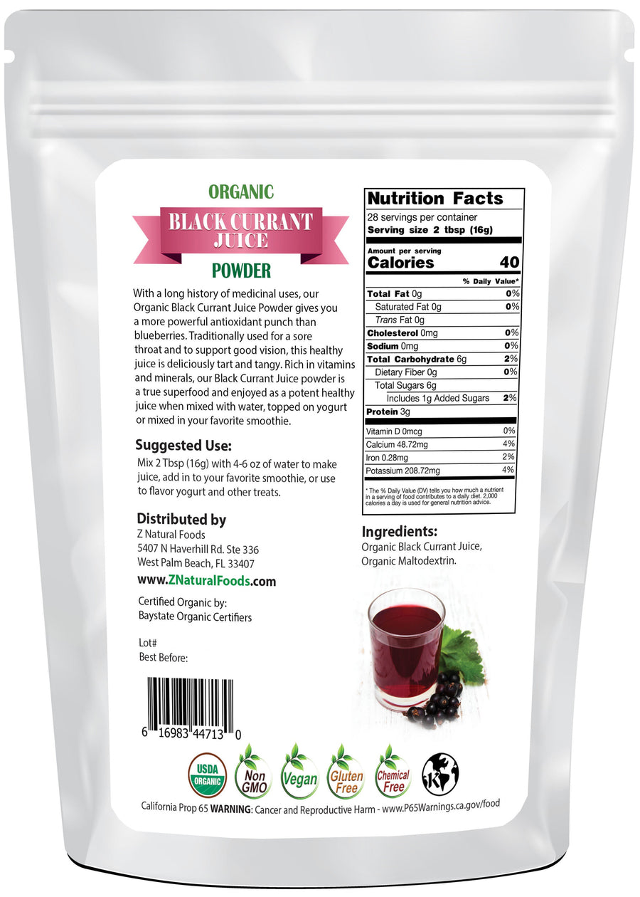 Photo of back of 1 lb bag of Black Currant Juice Powder - Organic