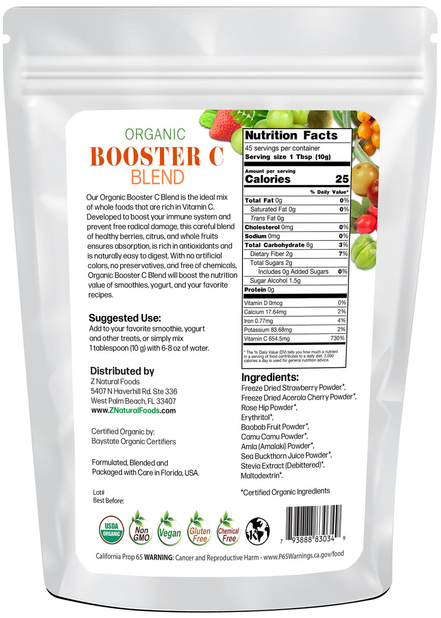 Photo of back of 1 lb bag of Booster C Blend - Organic