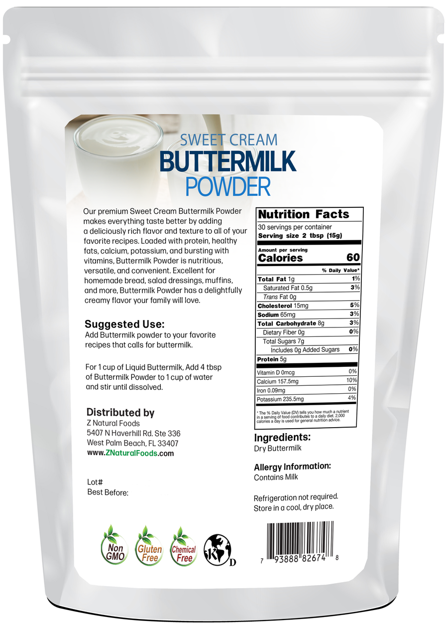 Photo of back of 1 lb bag of Buttermilk Powder