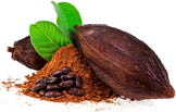 Cacao Powder with beans and green leaf's on white  background