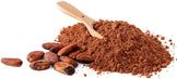 Cacao Powder with beans and wooden spoon on white background