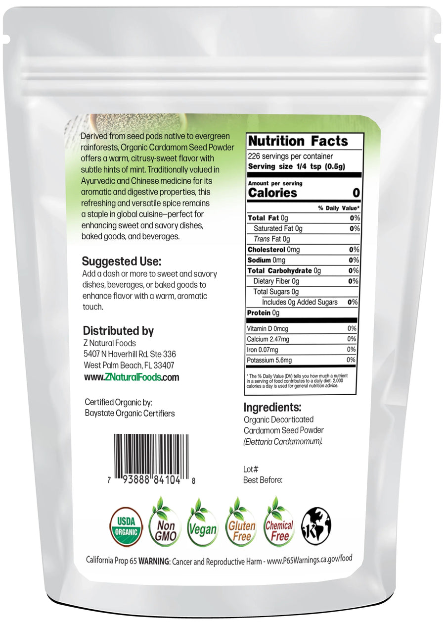 Back of the bag 4 oz image of Cardamom Seed Powder - Organic