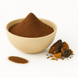 A bowl of brown chaga mushroom powder with chaga chunks beside it on a white background.