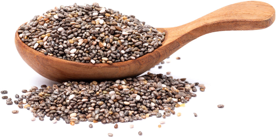 Chia Seeds in a pile on white background and also in wooden spoon