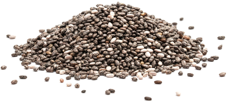 Chia Seeds in a pile on white background