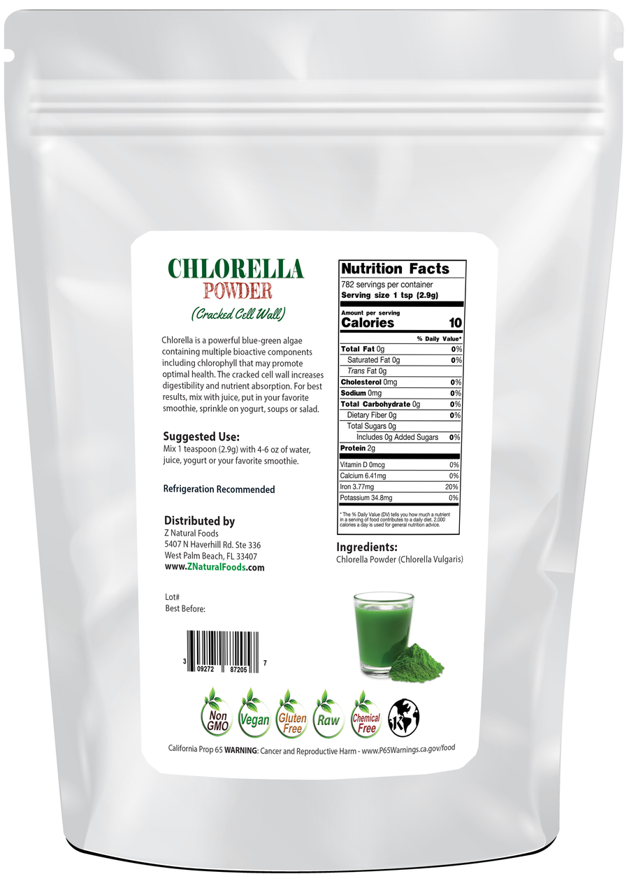Photo of back of 5 lb bag of Chlorella Powder (Cracked Cell Wall)