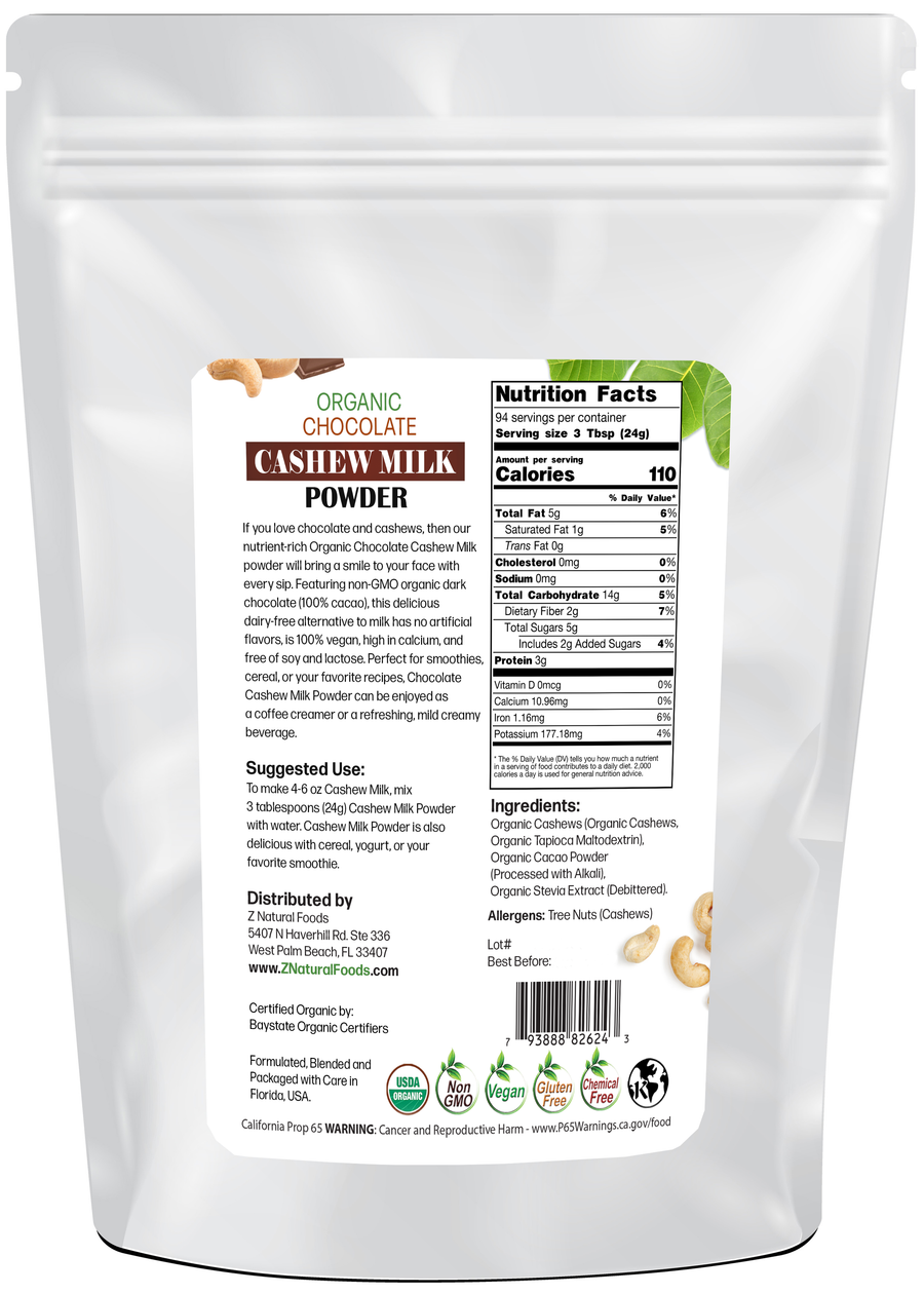 5 lb Chocolate Cashew Milk Powder - Organic back of the bag image