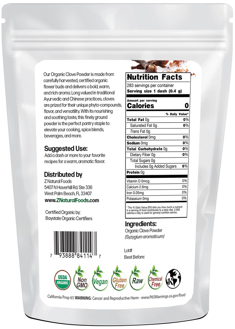 Back of the bag image for Clove Powder - Organic 4 oz