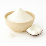 A bowl of white coconut powder with a coconut piece beside it on a white background.