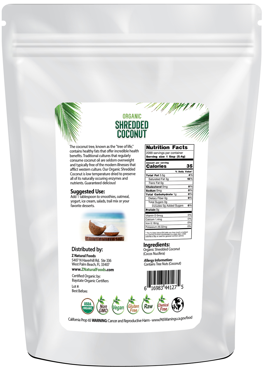 Back of the bag image of Coconut - Shredded, Raw Organic 25 lb