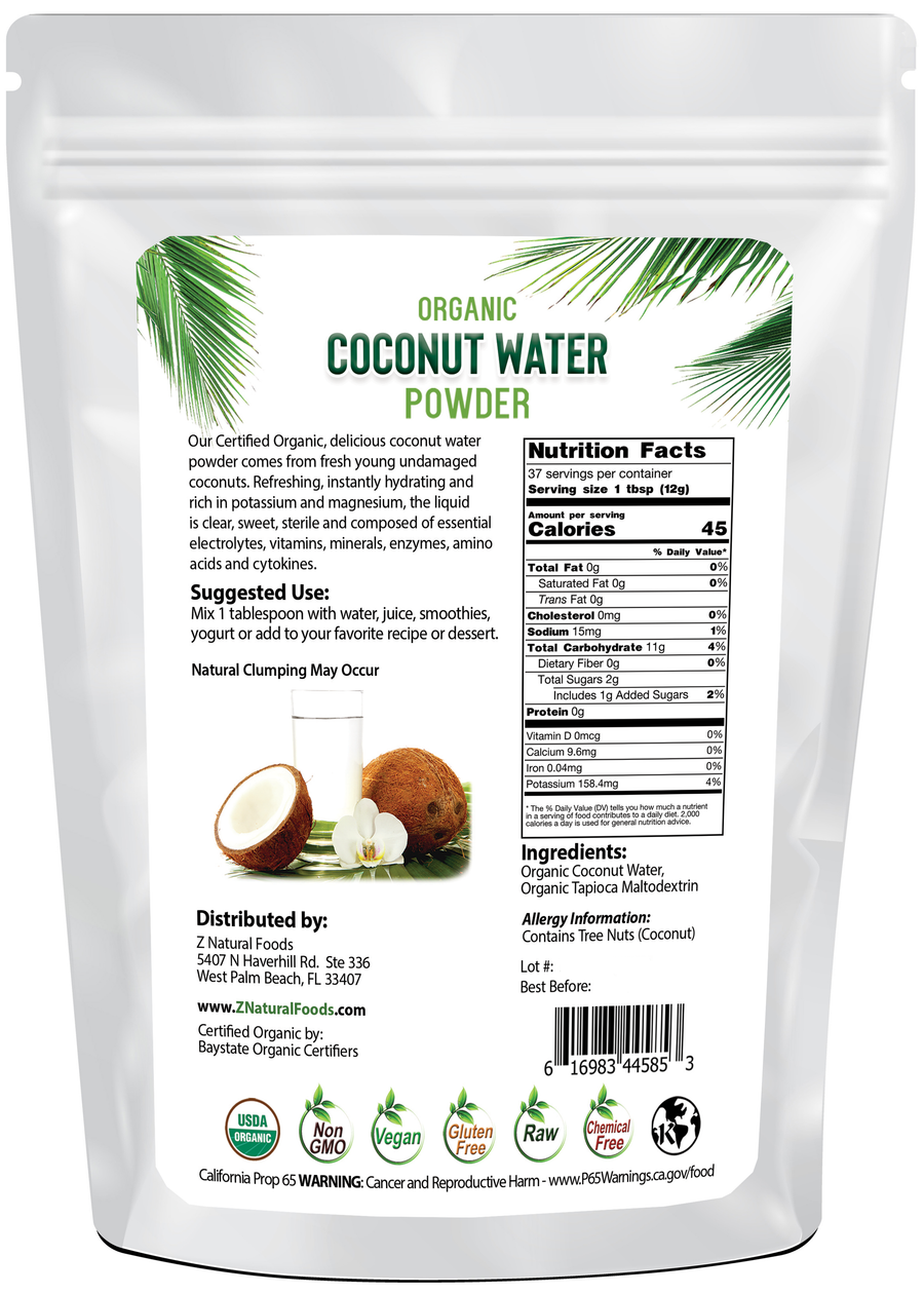 Coconut Water Powder - Organic back of bag image 1 lb