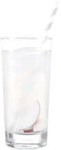 Photo of glass of Coconut Water with a straw and slice of coconut in glass