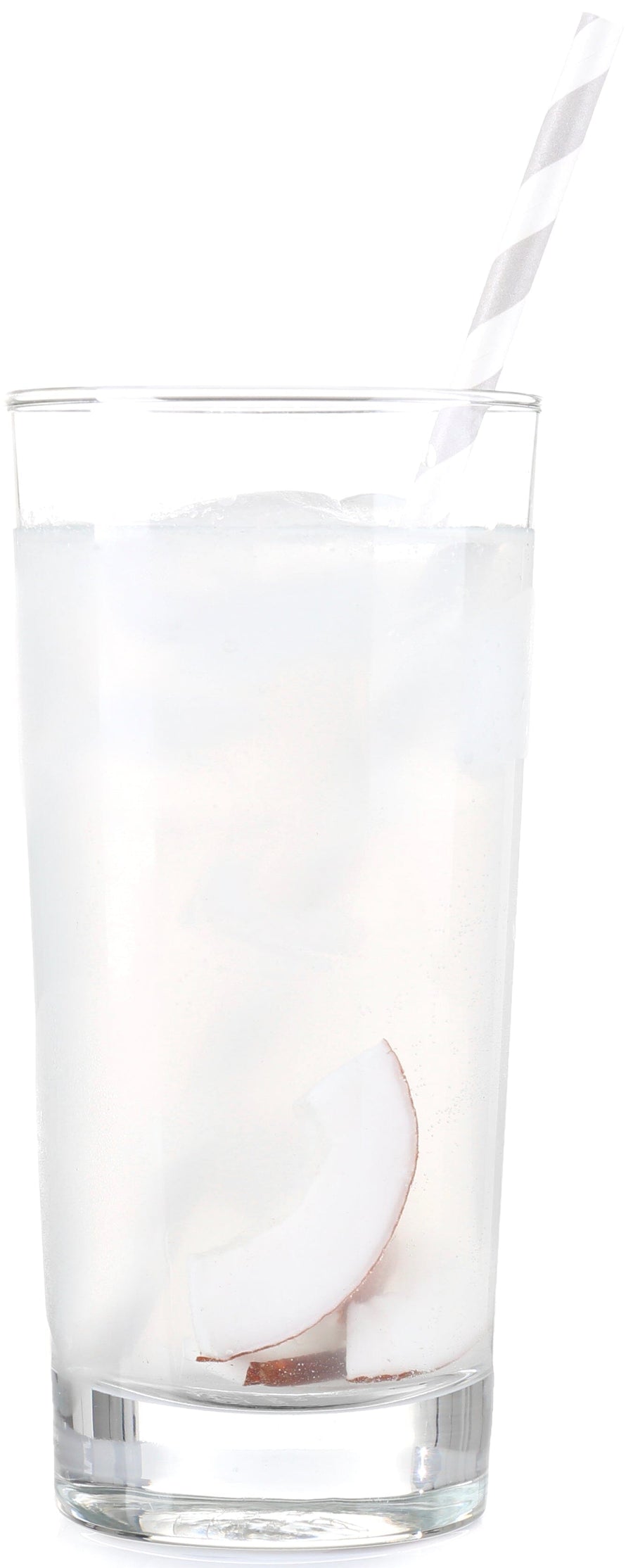 Photo of glass of Coconut Water with a straw and slice of coconut in glass