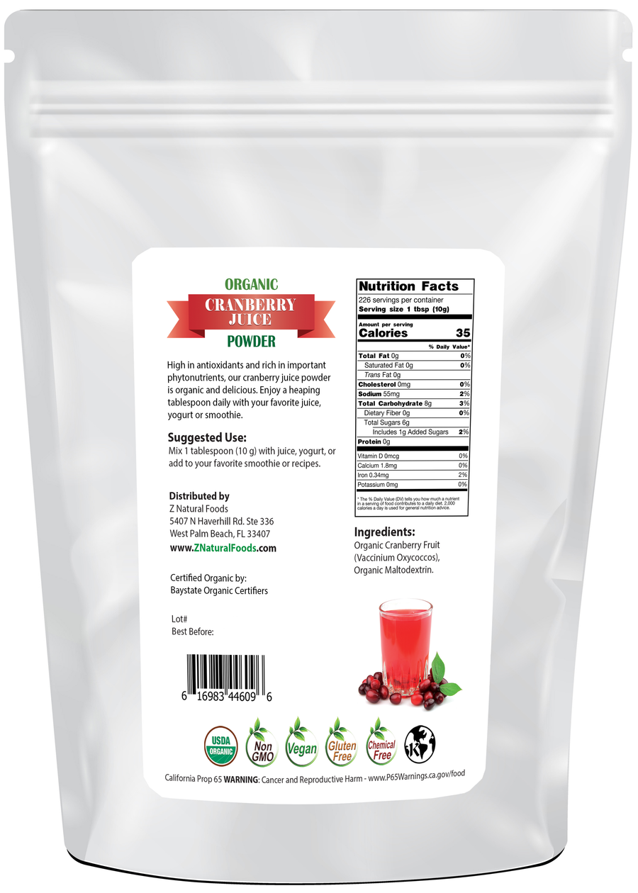 Photo of back of bag of 5 lb Cranberry Juice Powder - Organic