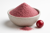 A bowl of organic cranberry juice powder in a neutral-colored bowl on a white background.