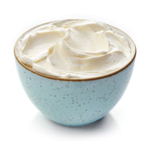 Ceramic bluish cup of Cream Cheese made from ZNF cream cheese Powder Z Natural Foods 5 lbs