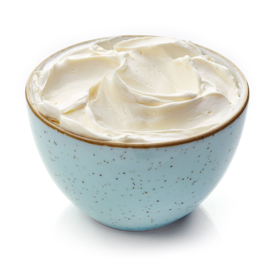 Ceramic bluish cup of Cream Cheese made from ZNF cream cheese Powder Z Natural Foods 5 lbs
