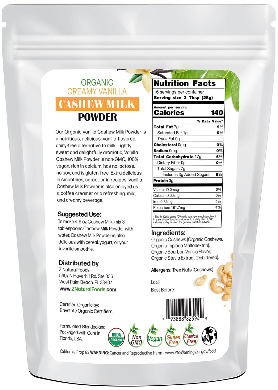 Image of back of 1 lb bag of Creamy Vanilla Cashew Milk Powder - Organic