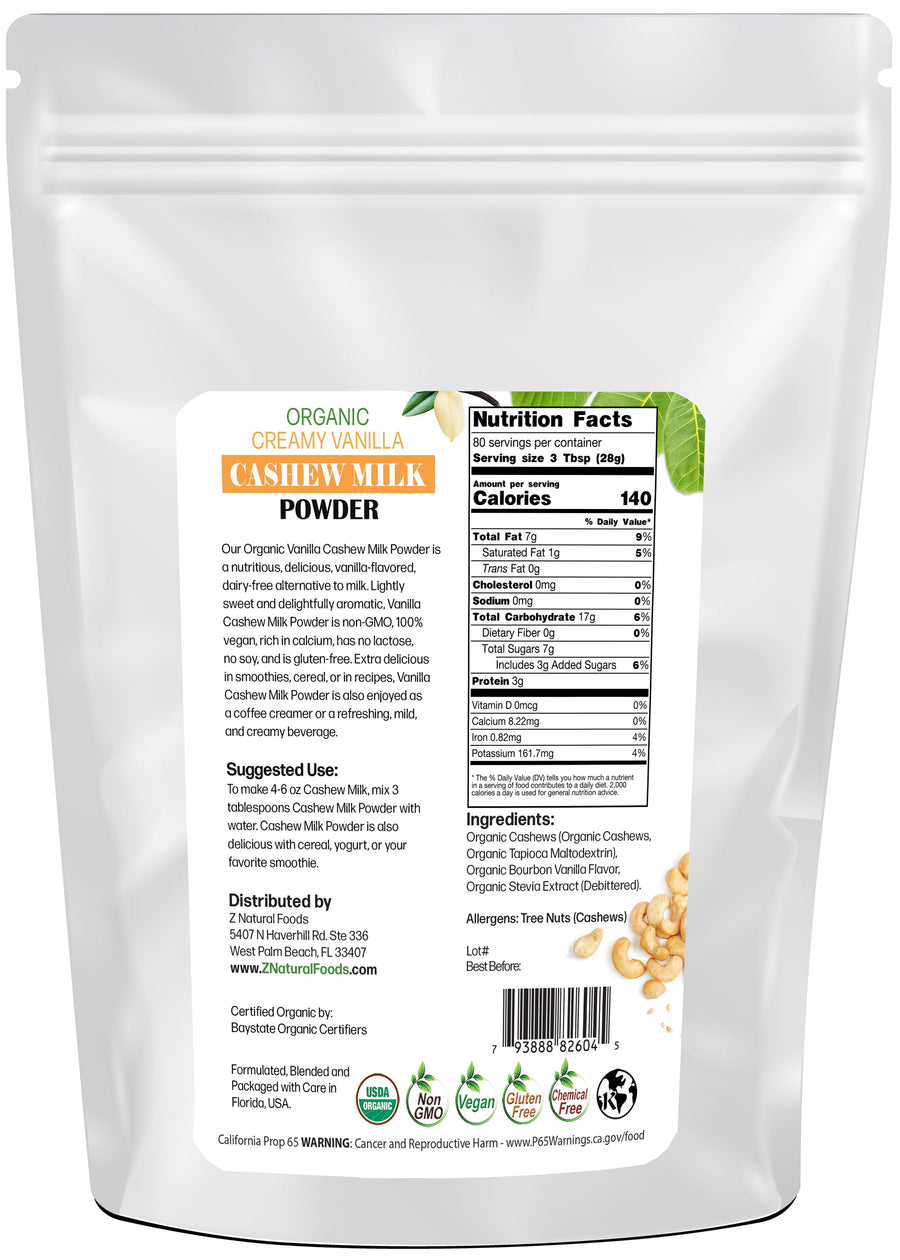 Image of back of 5 lb bag of Creamy Vanilla Cashew Milk Powder - Organic