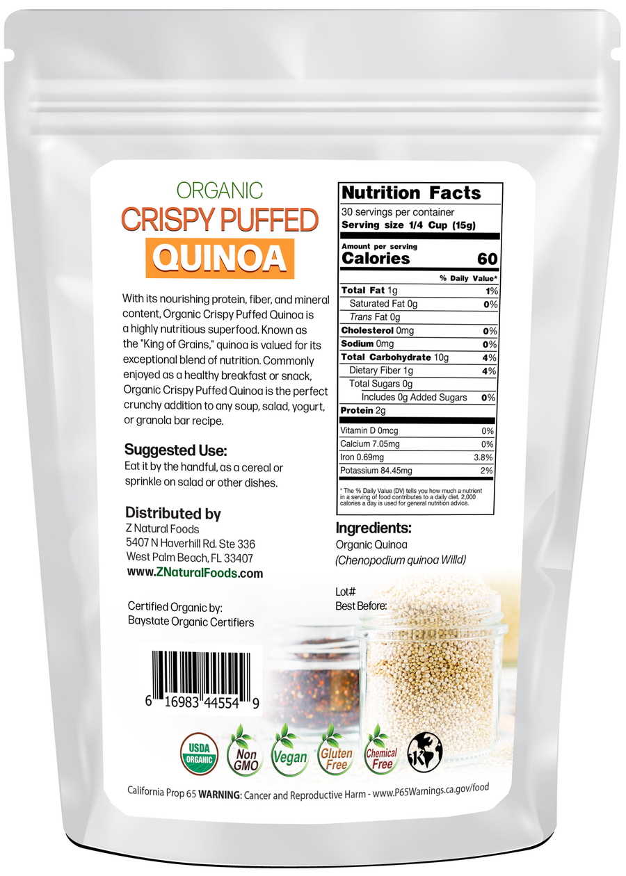 Crispy Puffed Quinoa - Organic back of the bag image 1 lb