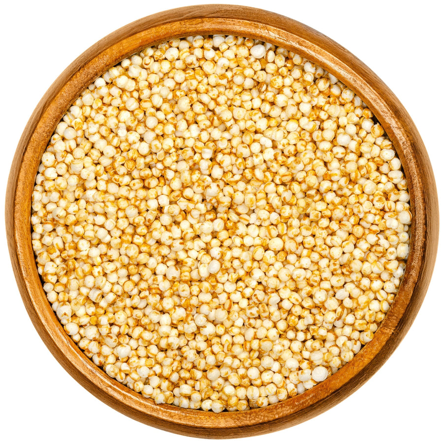 Image of a brown bowl full of Crispy Puffed Quinoa