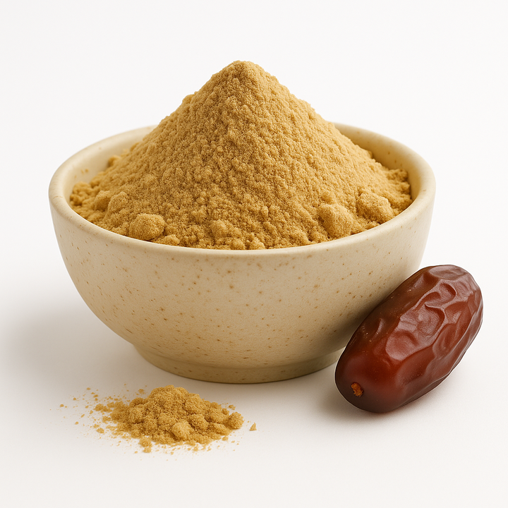 Organic date powder mounded in a plain neutral bowl on a white background, fine golden-beige texture with slight clumping, evenly lit for true color and detail.