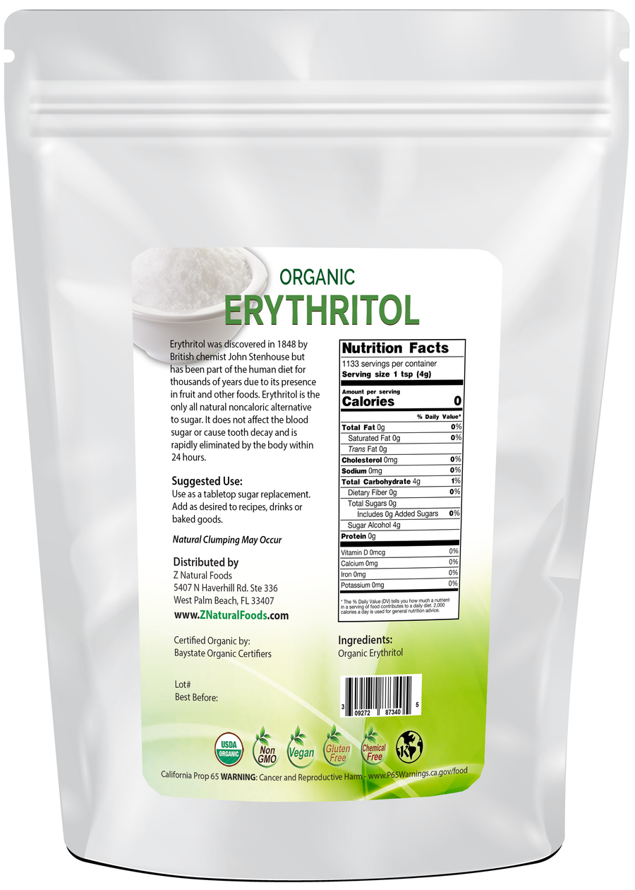 Photo of back of 10 lb bag of Erythritol - Organic