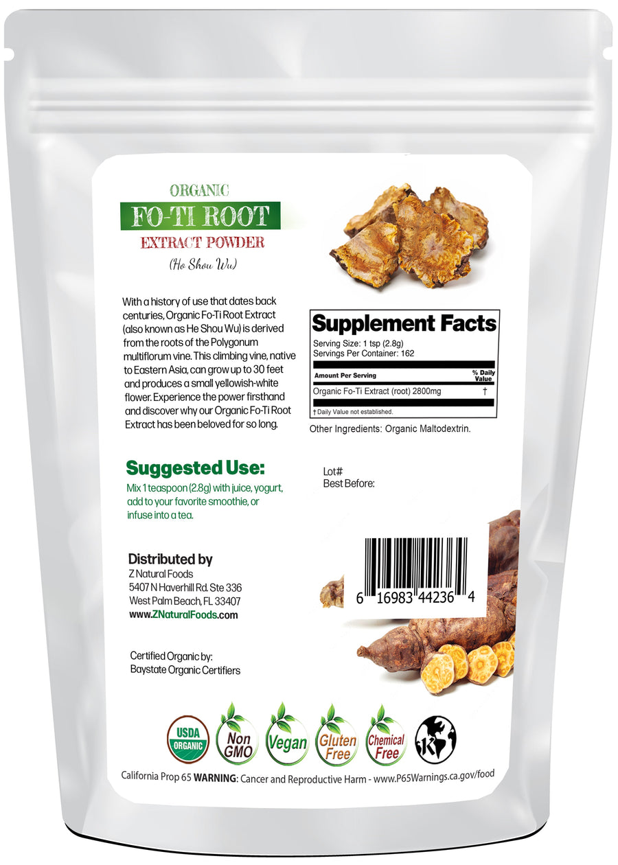 1 lb Fo-Ti Root Extract Powder (Ho Shou Wu) - Organic back of the bag image Z Natural Foods