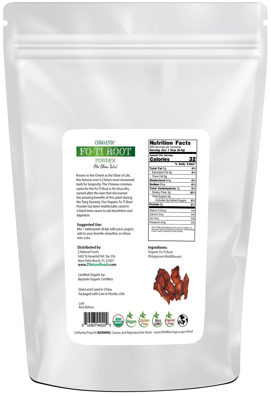 back of bag image Fo-Ti Root Powder (Ho Shou Wu) - Organic Tonics Z Natural Foods 