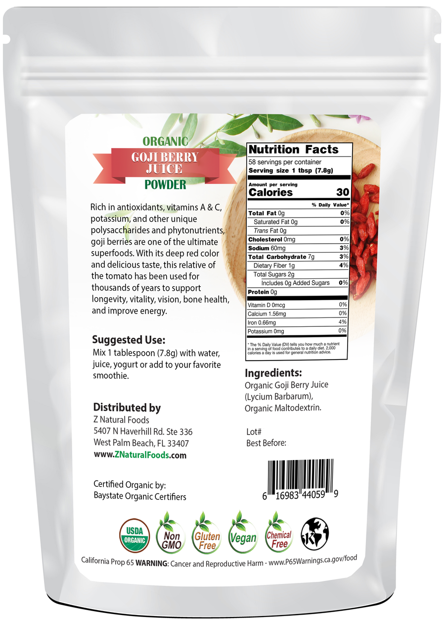 Picture of back of 1 lb bag of Goji Berry Juice Powder - Organic