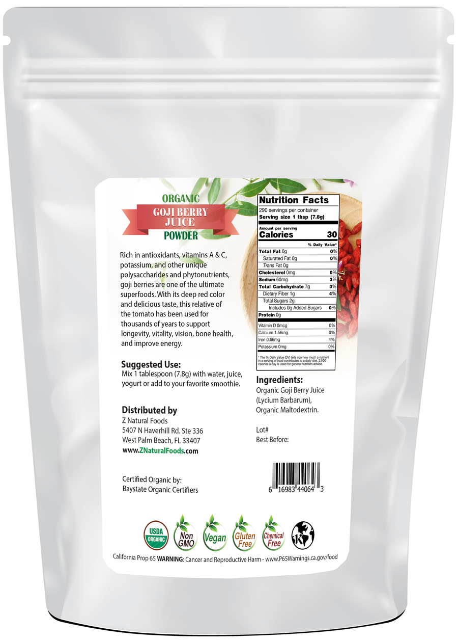 Picture of back of 5 lb bag of Goji Berry Juice Powder - Organic