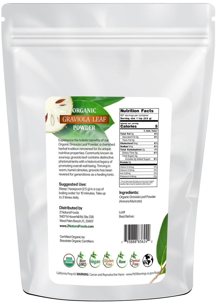 Organic Graviola Leaf Powder back of the bag image 5lb
