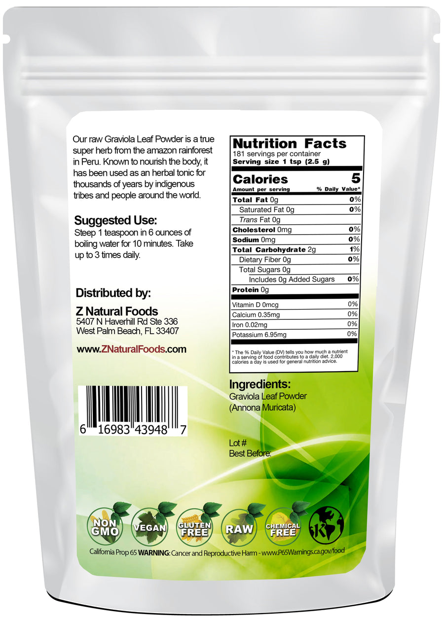 Graviola Leaf Powder back of the bag image Z Natural Foods