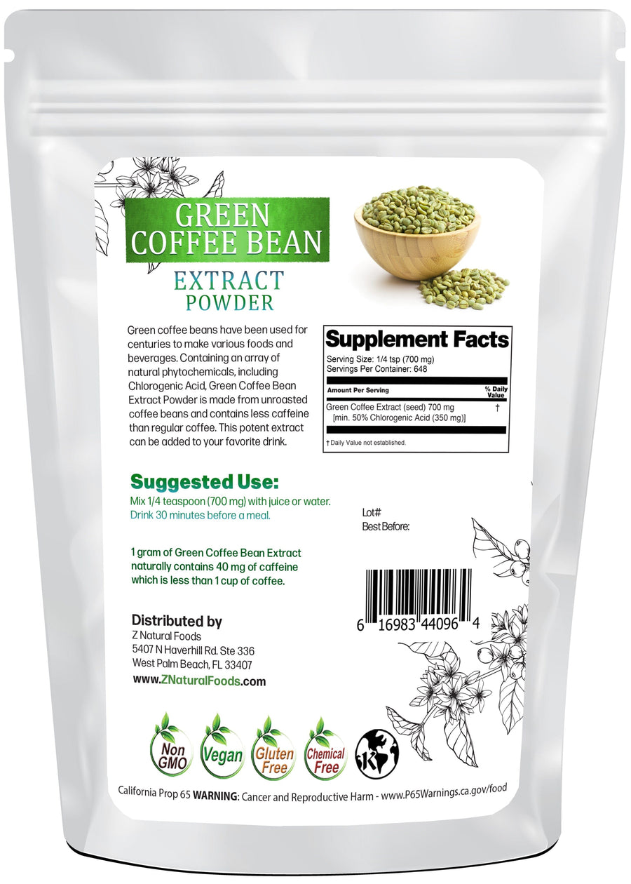 Back image of Green Coffee Bean Extract Powder bag from Z Natural Foods.