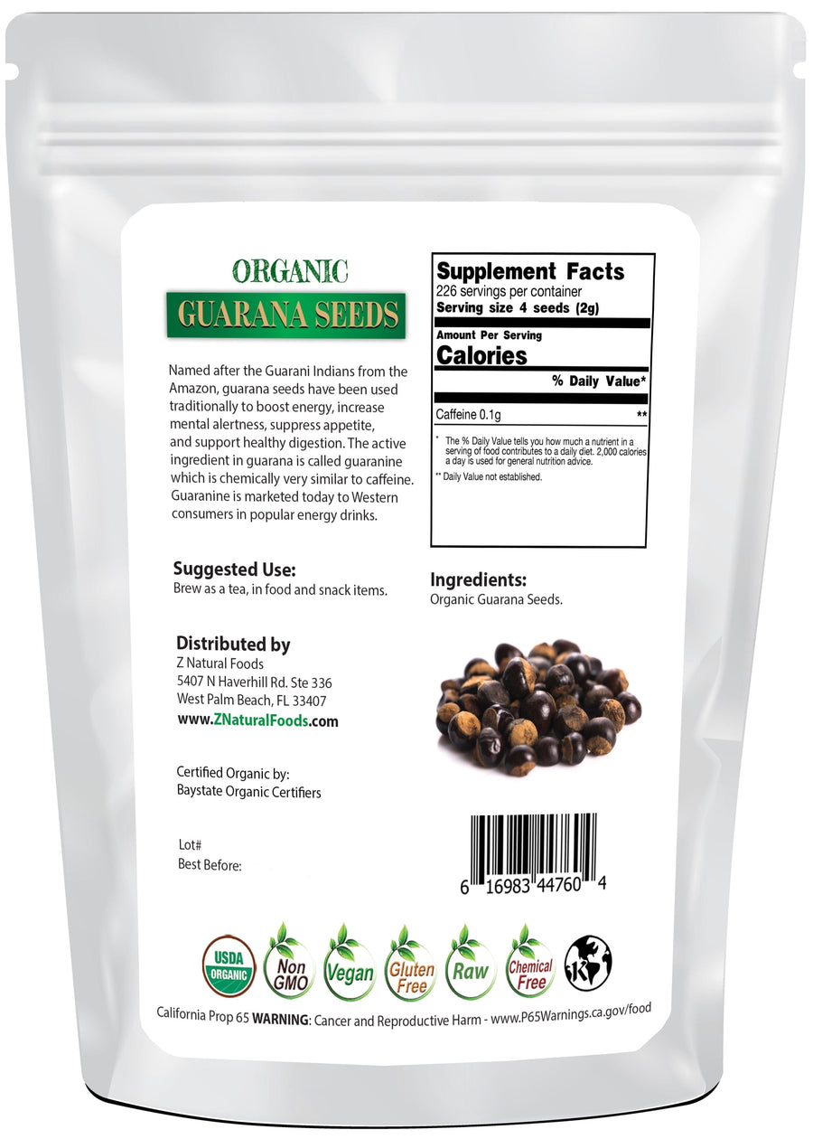 Photo of back of 1 lb bag of Guarana Seeds - Organic, Whole Herb & Root Powders Z Natural Foods