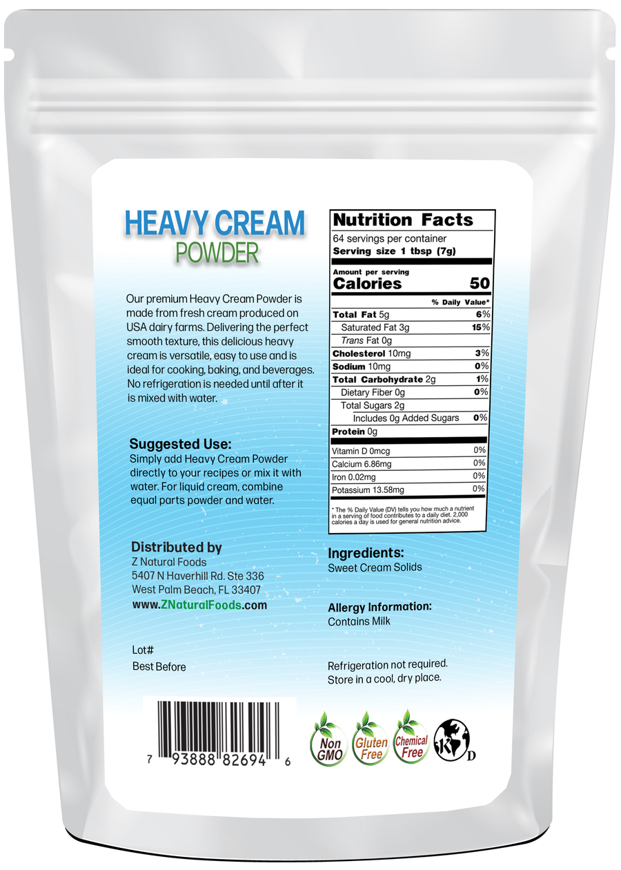 Image of back of 1 lb bag of Heavy Cream Powder