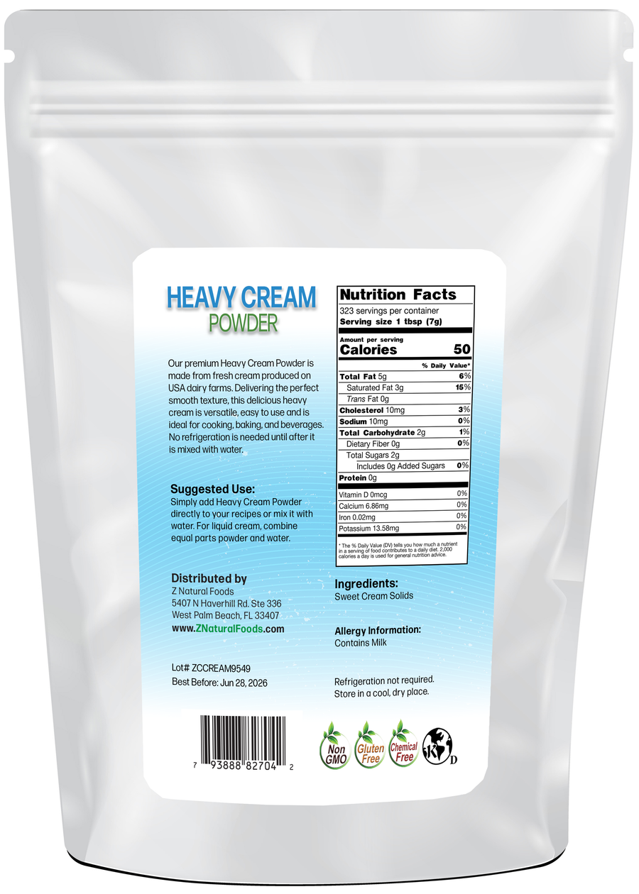 Image of back of 5 lb bag of Heavy Cream Powder